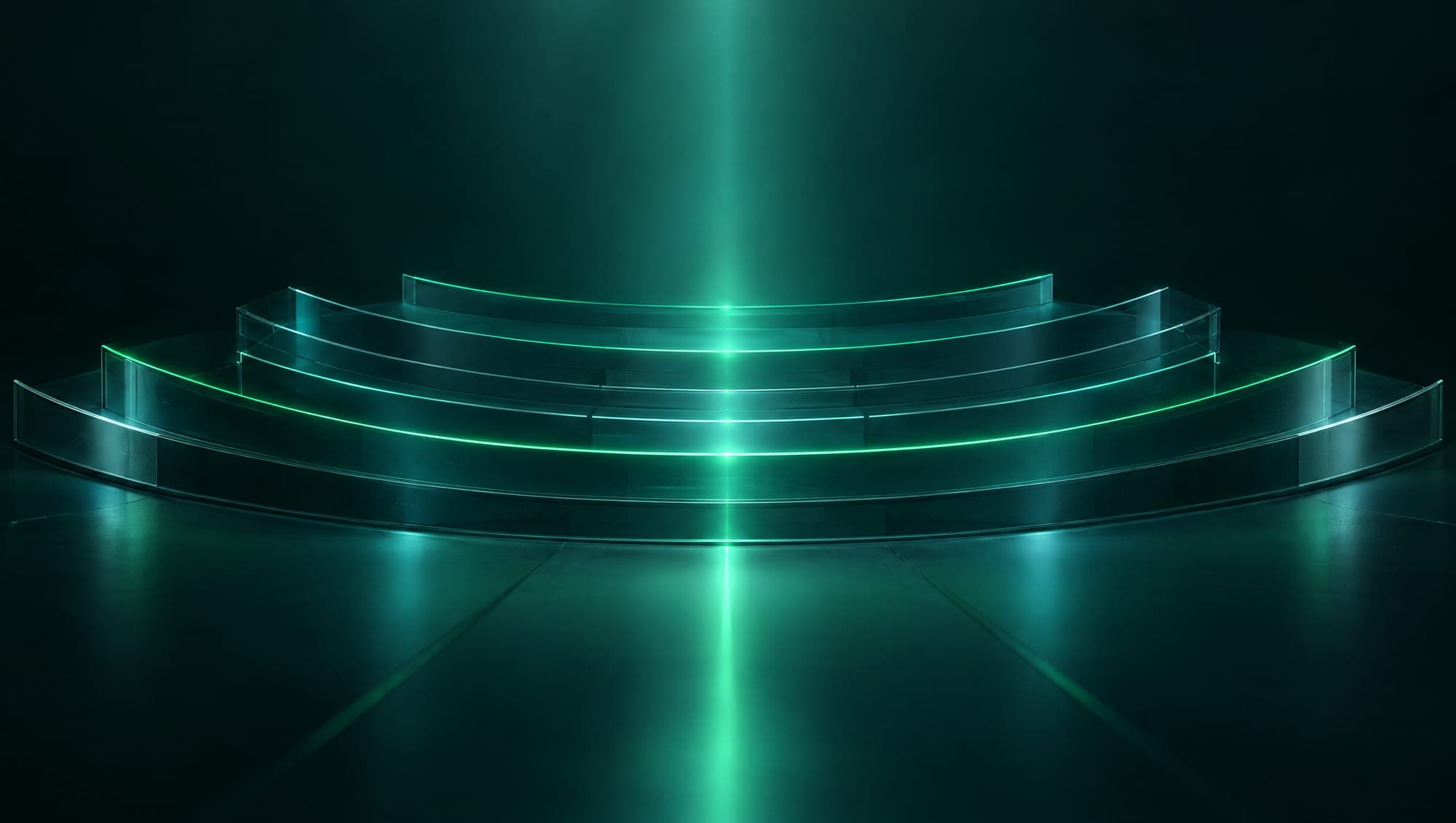 Tiers of curved glass arcs like a lecture theatre, with a single green beam through the centre