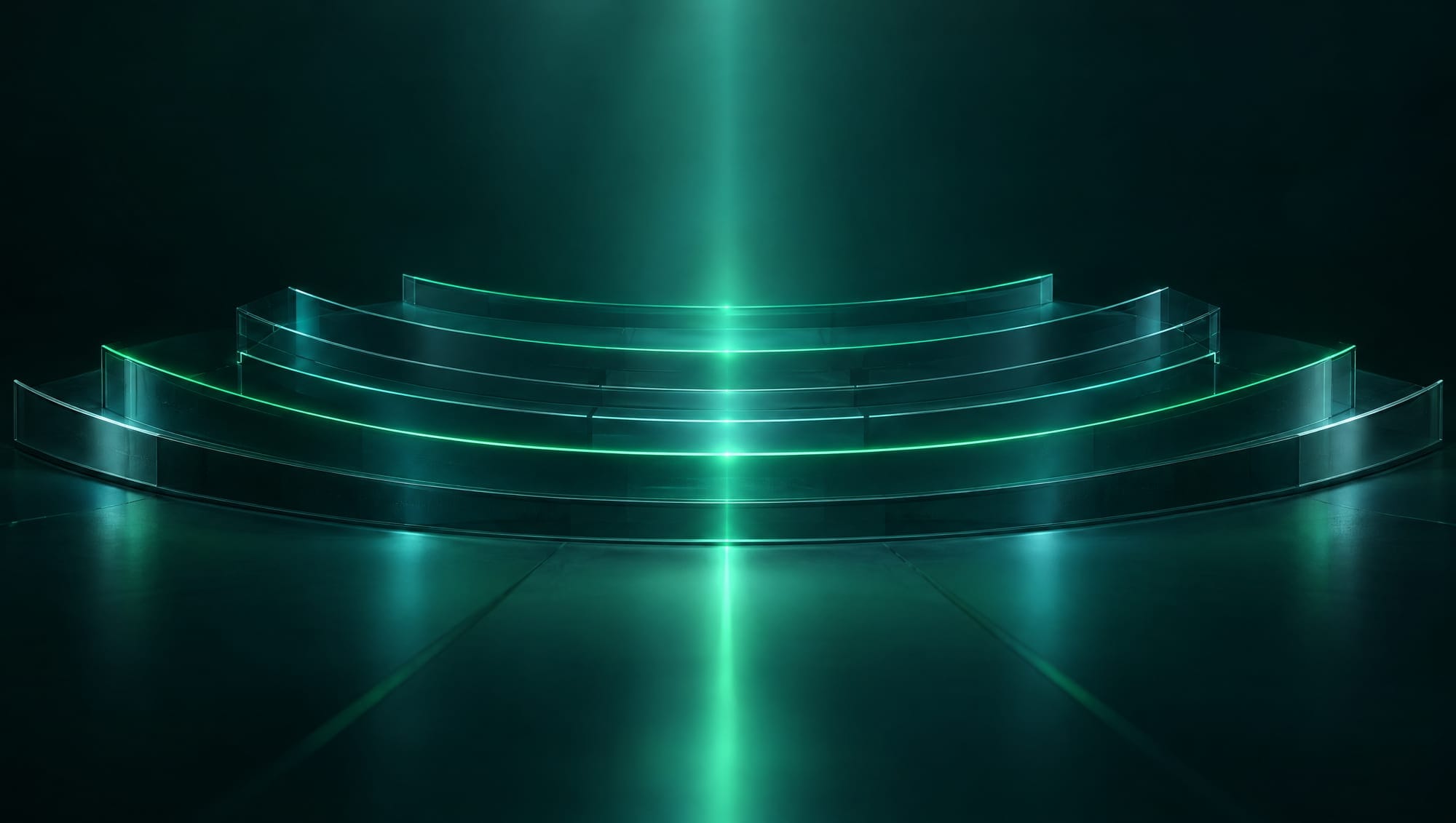 Tiers of curved glass arcs like a lecture theatre, with a single green beam through the centre
