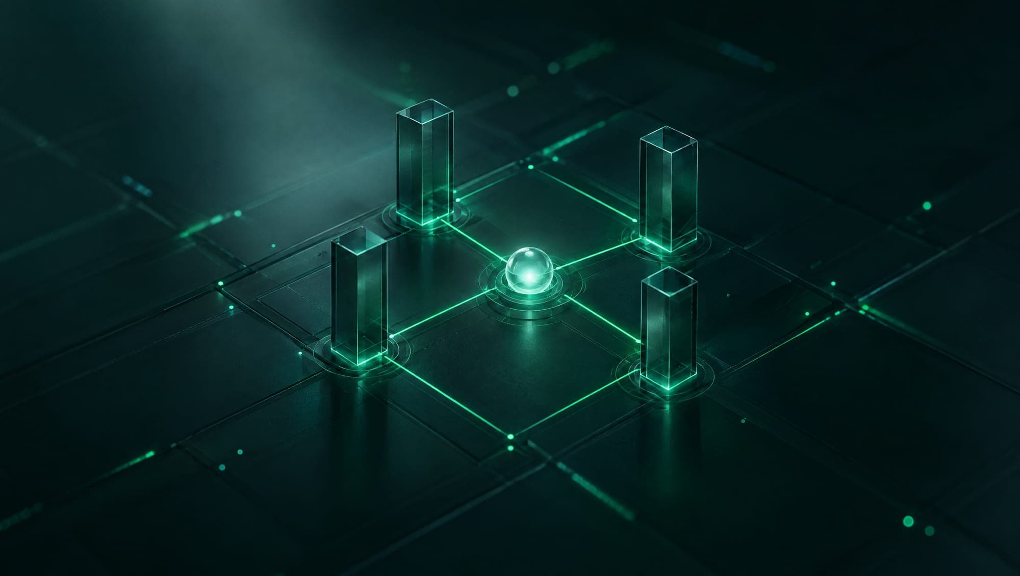 Four glass monoliths linked by green lines to one glowing core