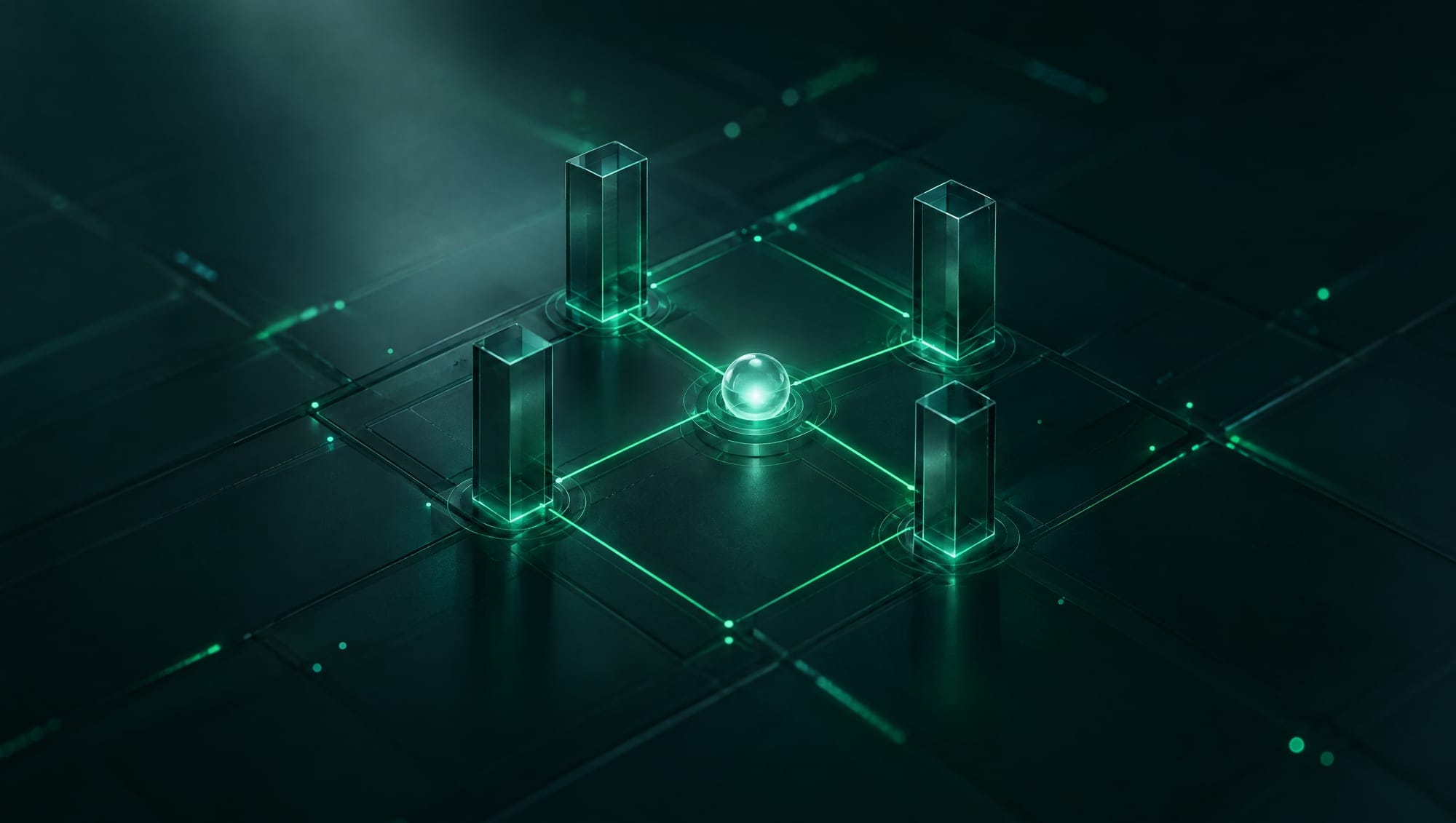 Four glass monoliths linked by green lines to one glowing core