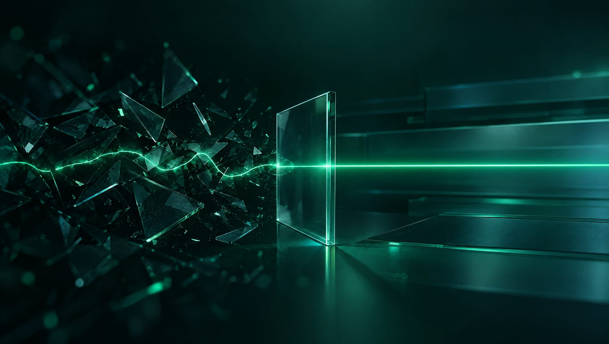 A green line passes from shattered glass through a clean pane and continues straight