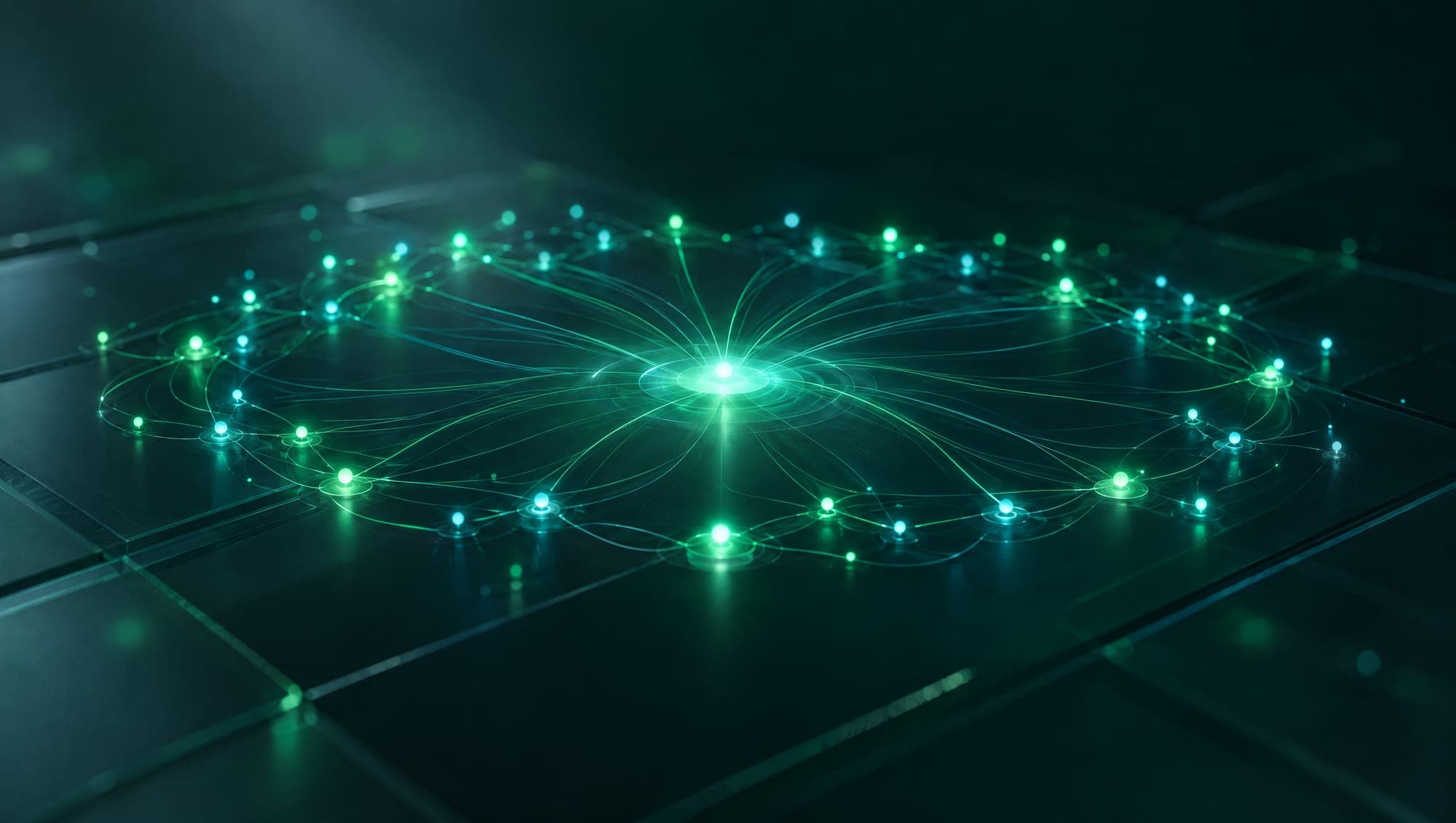 A ring of small lights, each linked to one bright shared centre