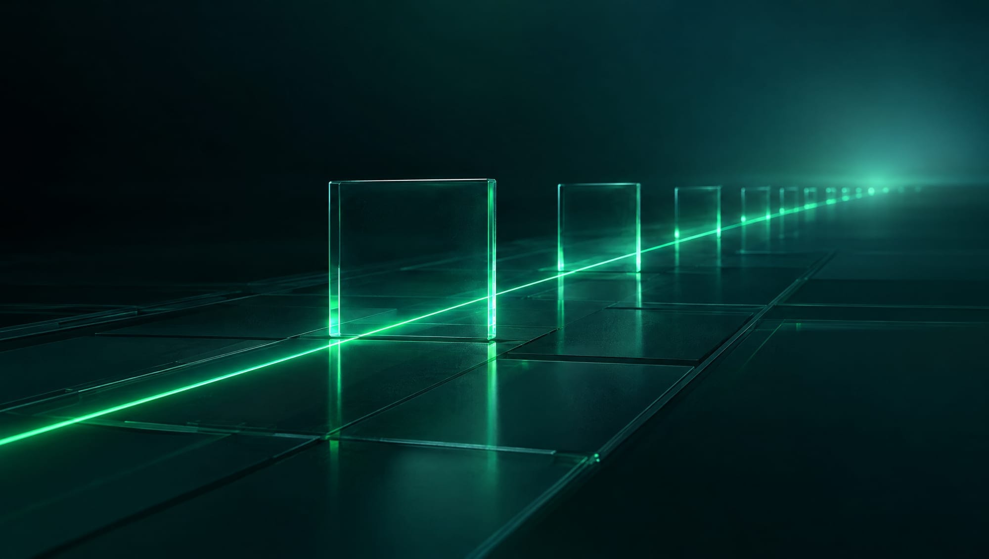 A green path runs through a sequence of glass gates toward the horizon