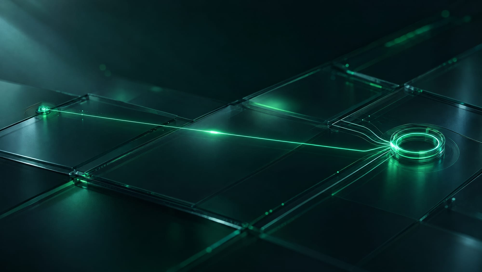 A pulse of green light travels along a line and locks into a glowing ring