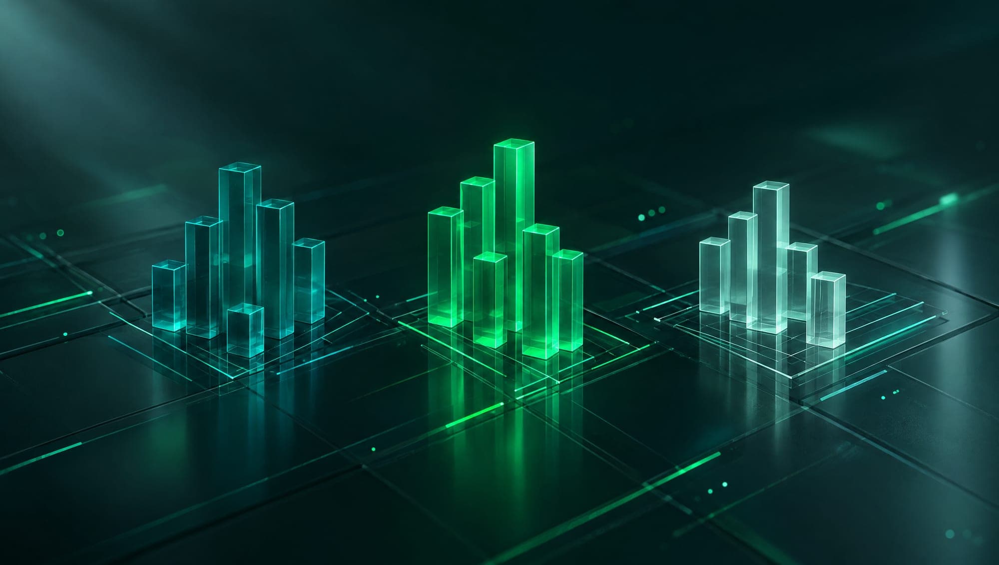 Three stacks of glass bars on differently angled grids, each glowing a different green