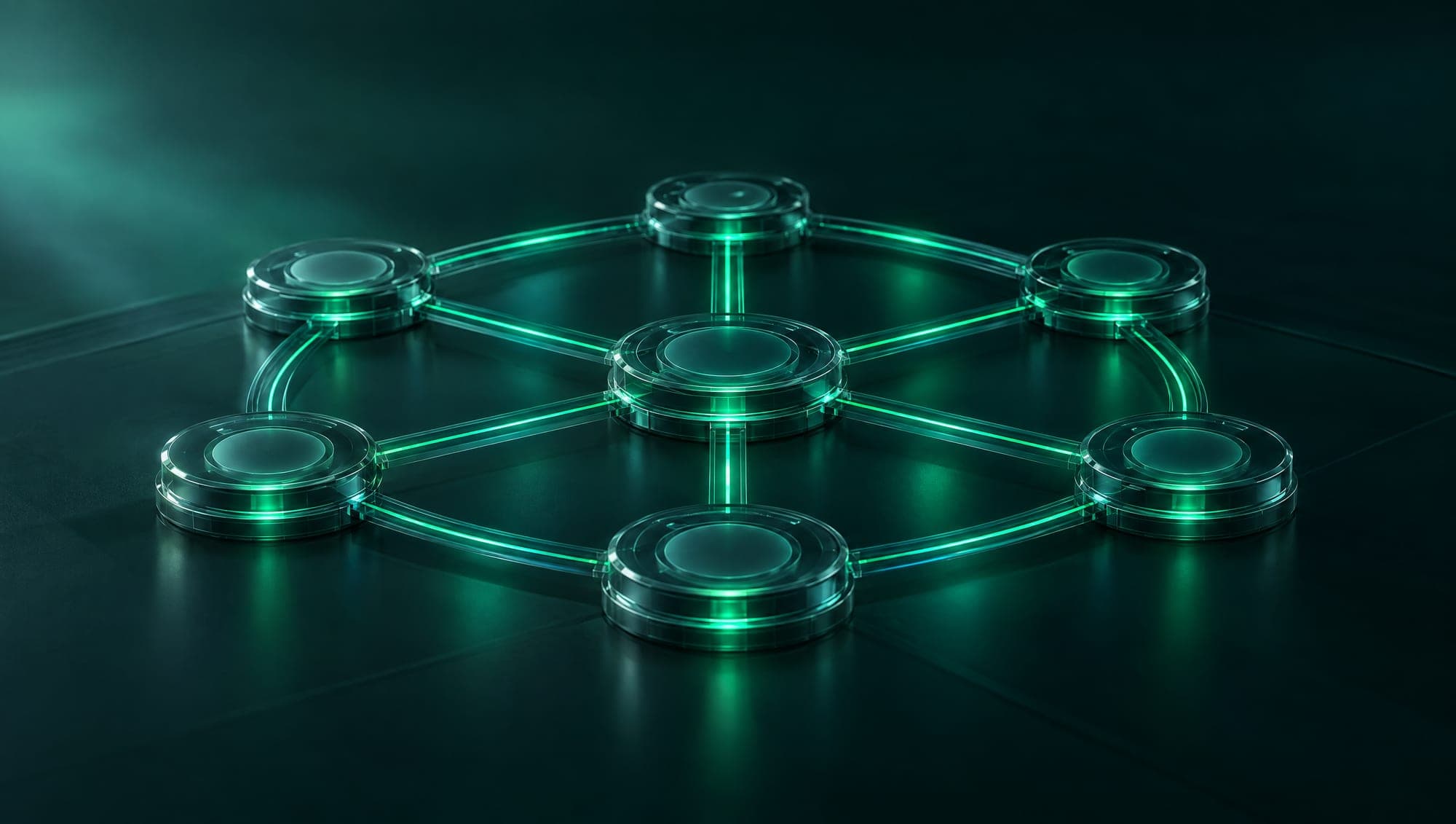 Seven glass nodes joined by green conduits into one closed structure