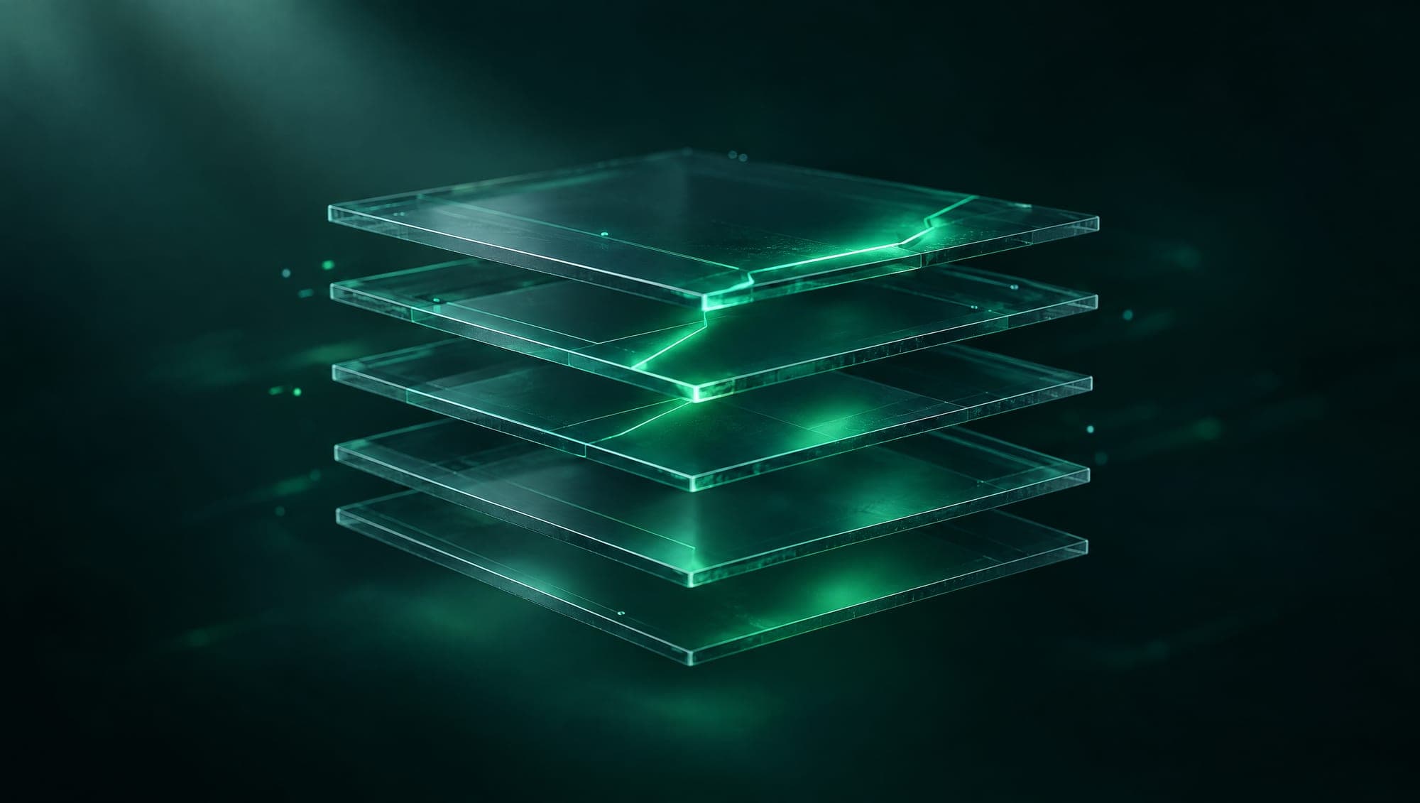 Five stacked glass planes with a green fracture running through the upper levels