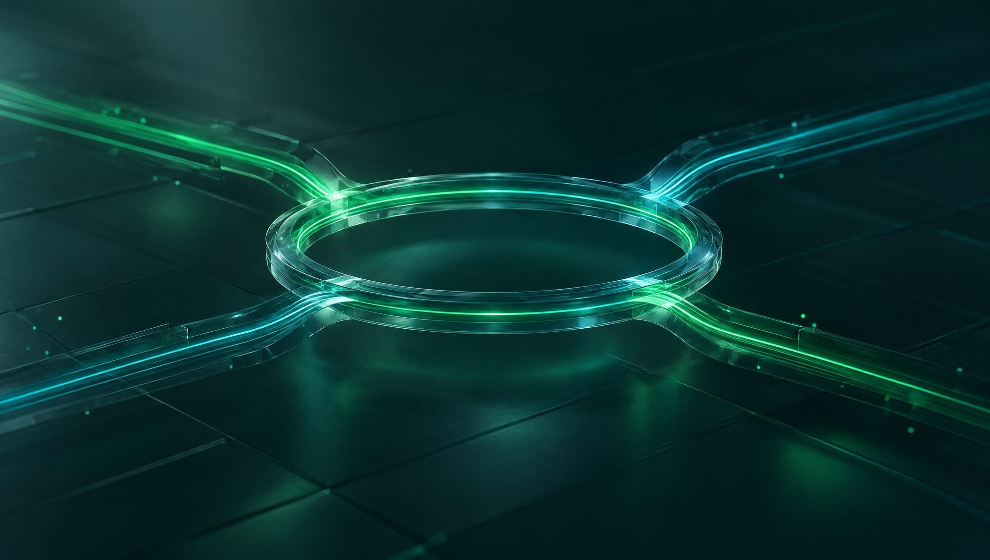 Four streams of light merging into one glass ring