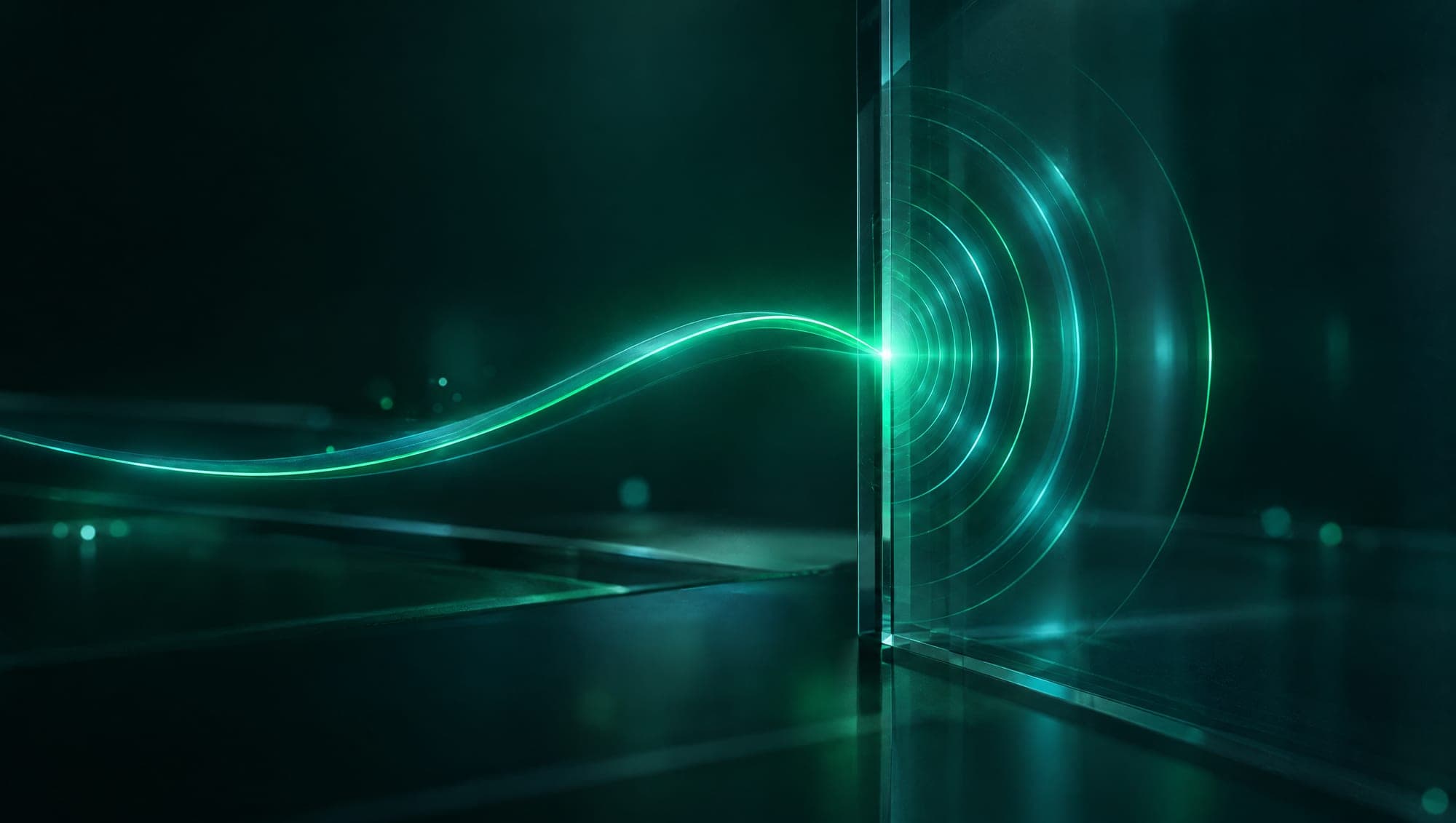 A rising curve of light meets a glass wall and flares at the point of contact