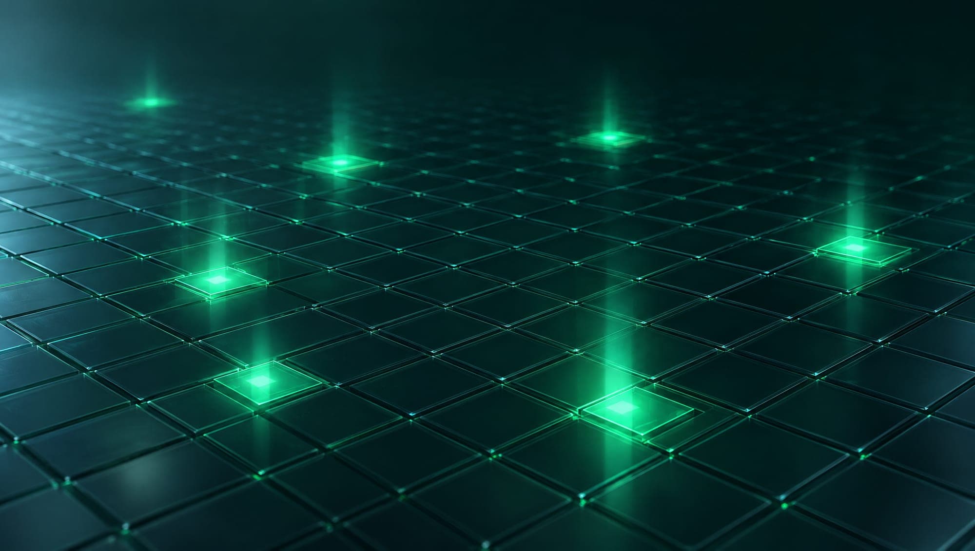 A vast grid of dark glass tiles with seven tiles lit green