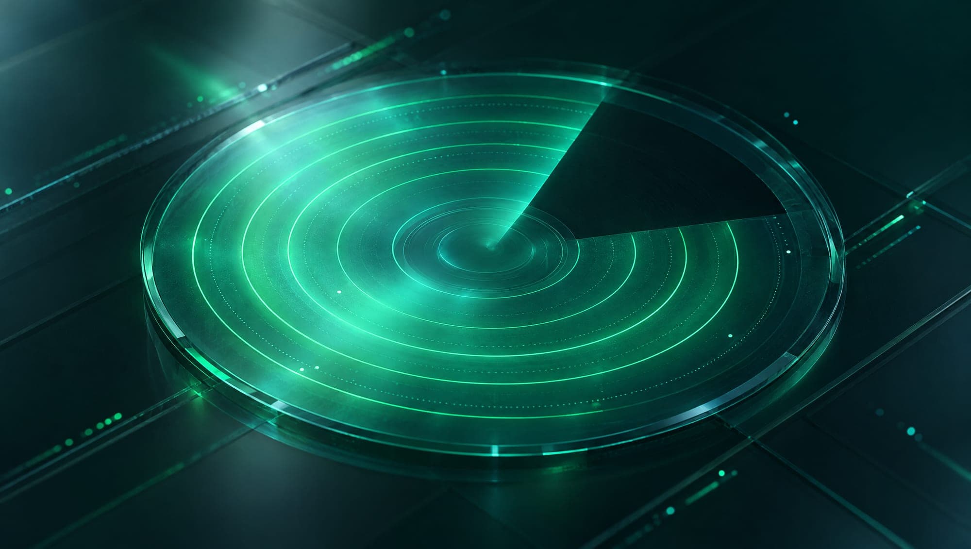 A radar sweep across a glass disc, with one sector left in shadow