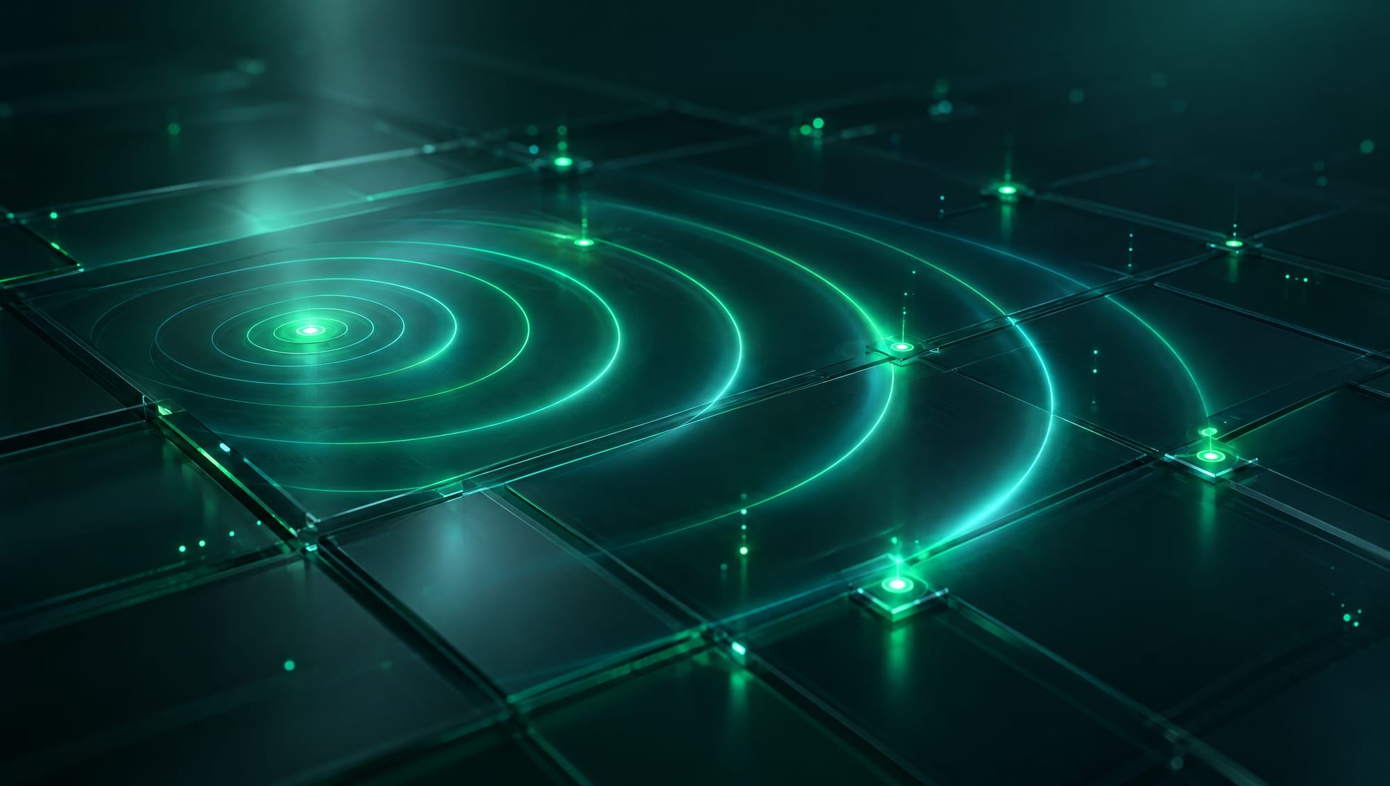 Waves of light spreading across a glass plane and lighting distant nodes