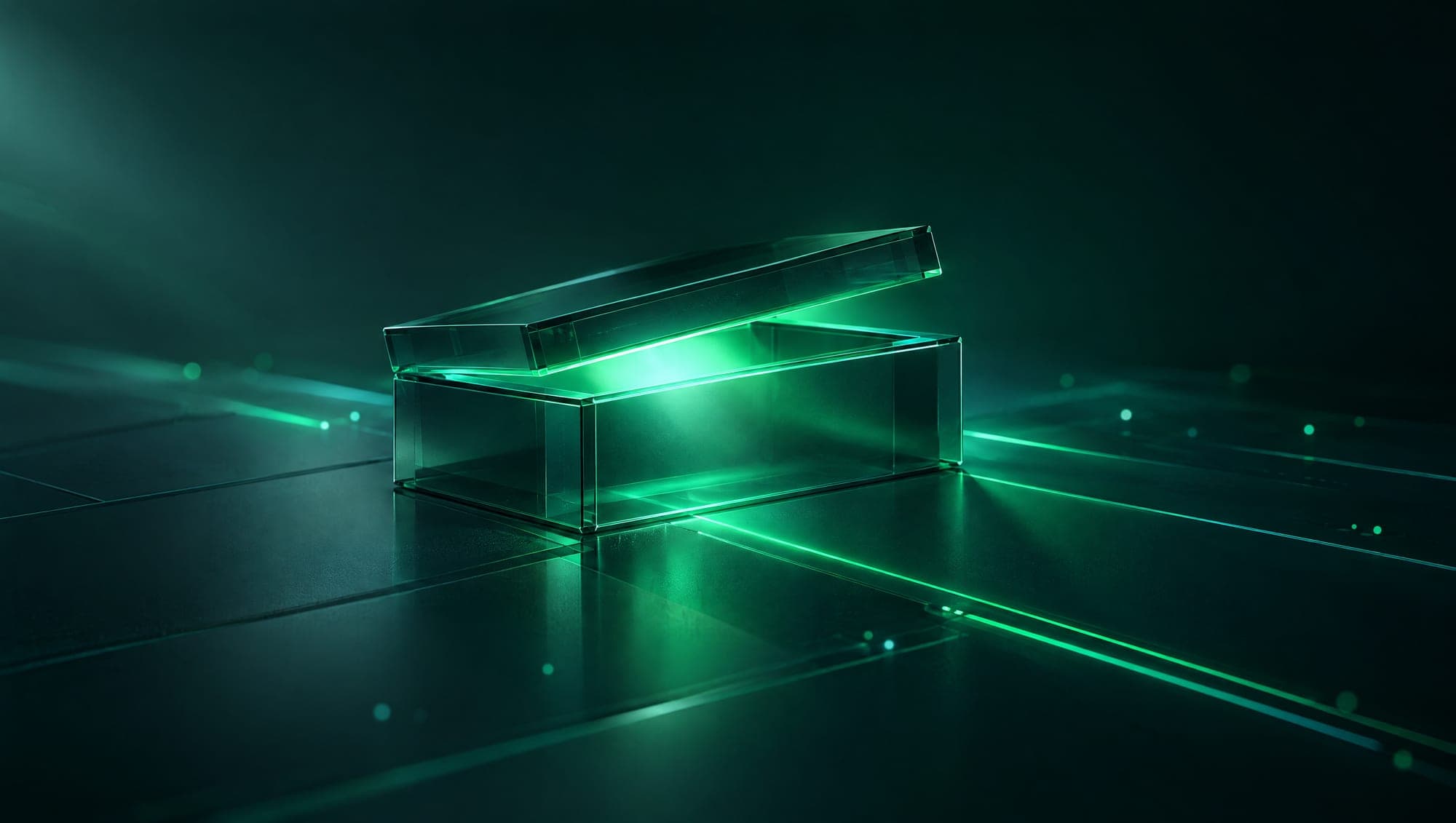 A glass box with its lid lifted and green light spilling out