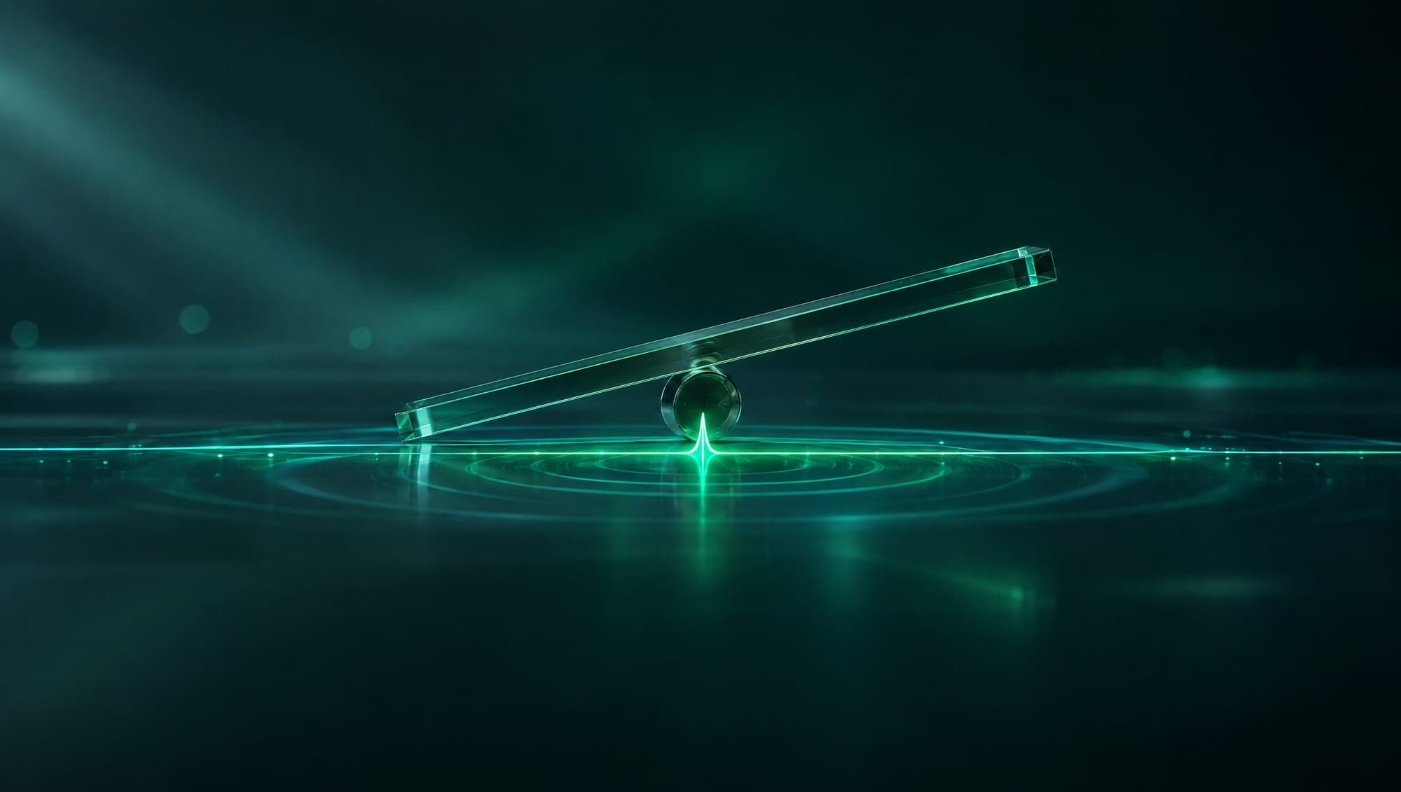 A glass lever tilting on a pivot above a line of light that spikes beneath it