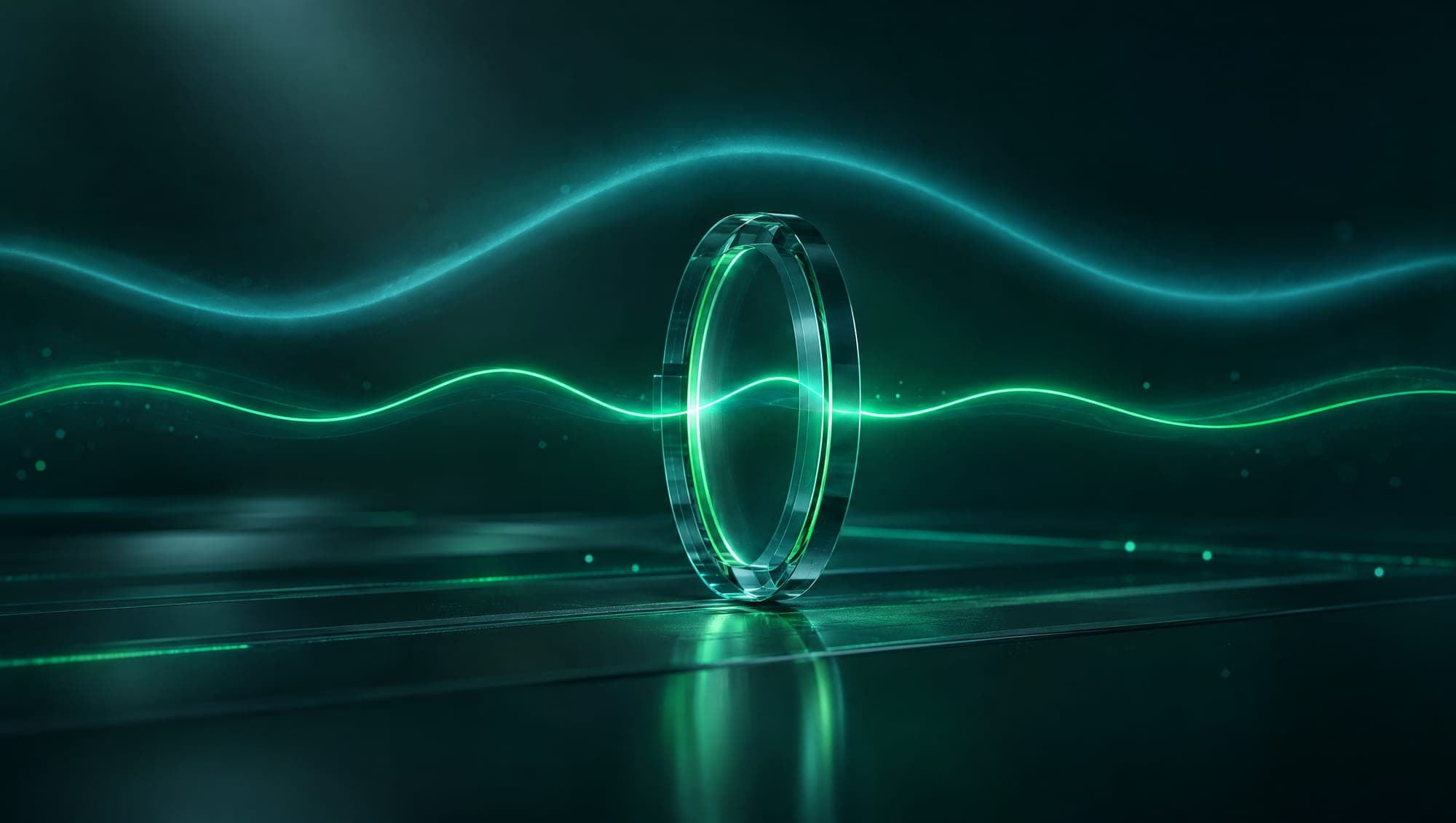 A fine green wave passing cleanly through a glass ring while a broad wave misses it
