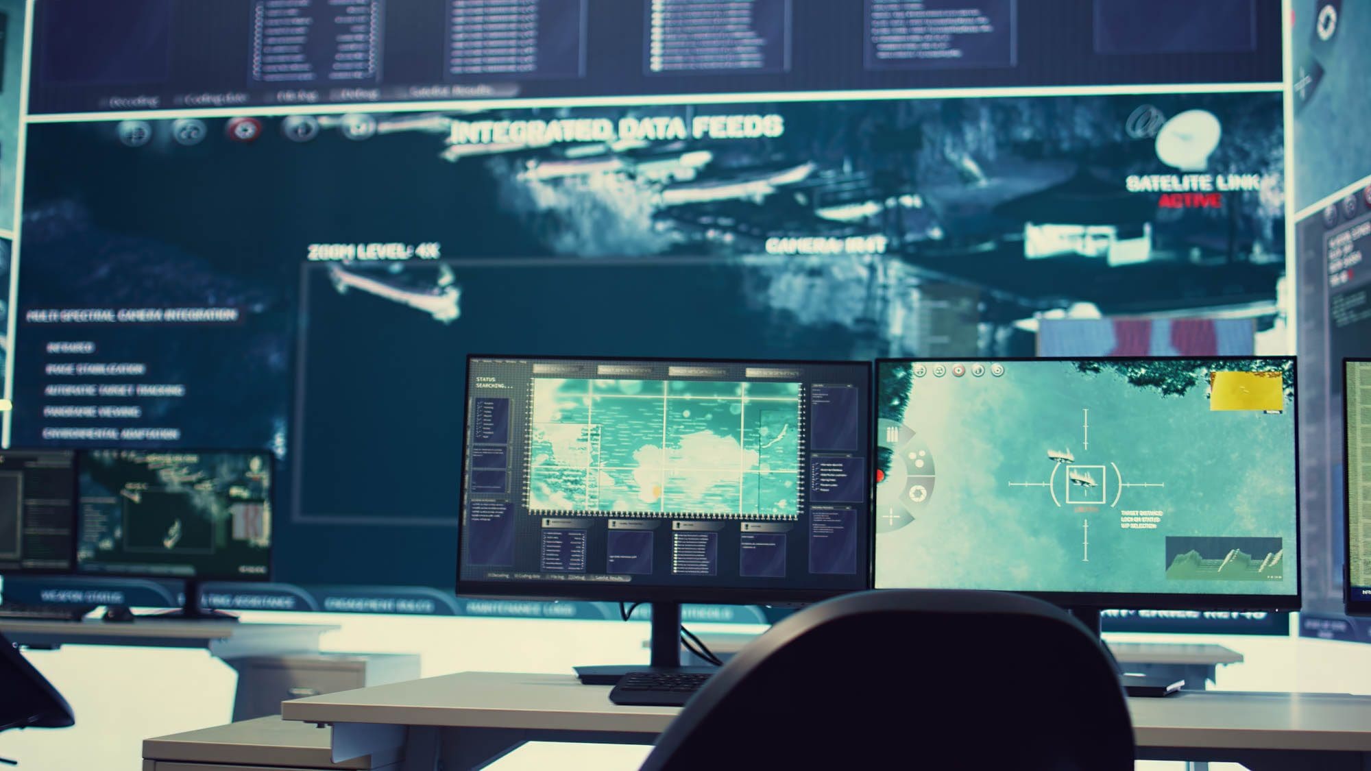 Operations room desks facing a wall of live surveillance feeds and data panels