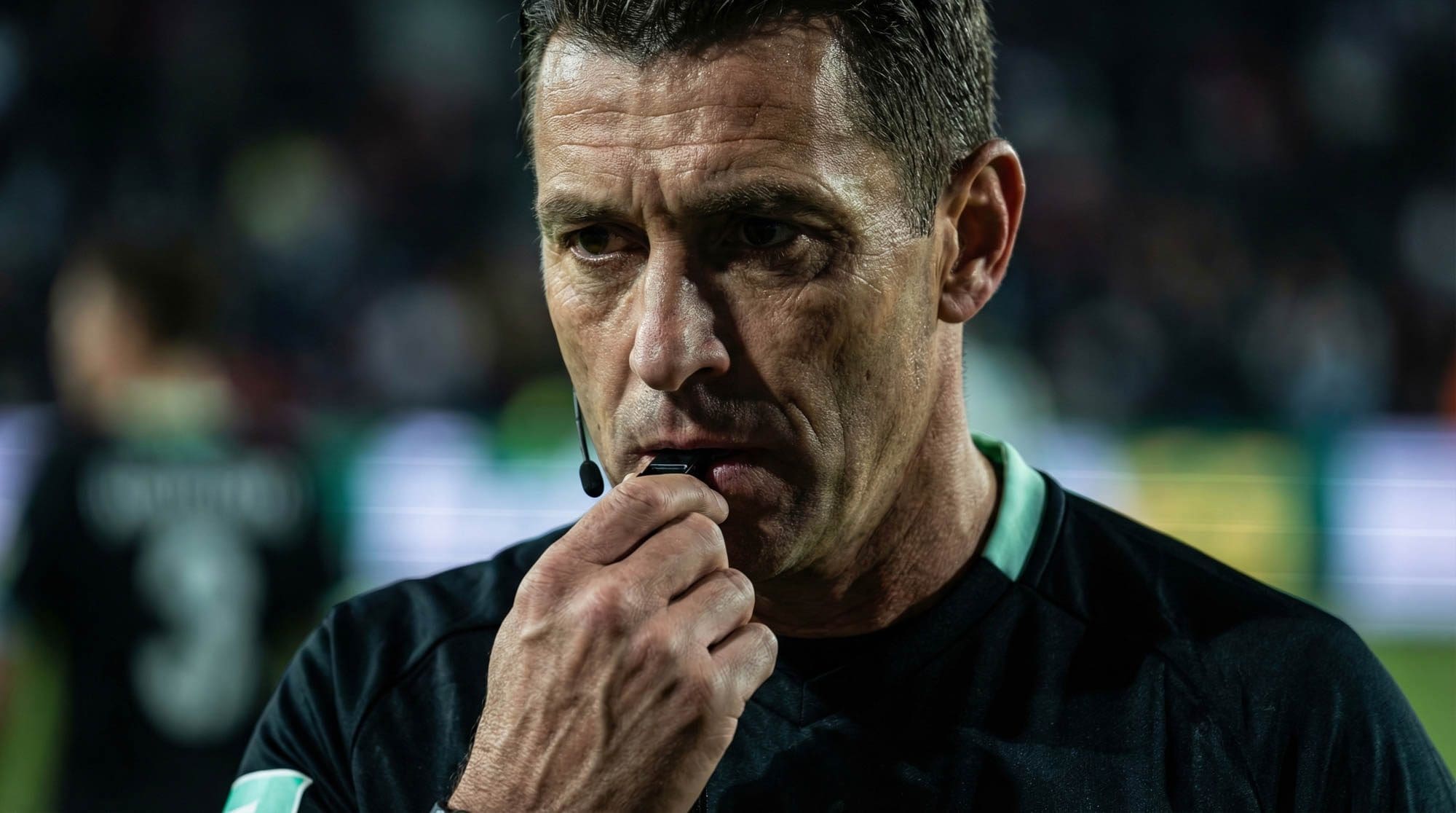 Referee raising a whistle to his lips under floodlights during a match