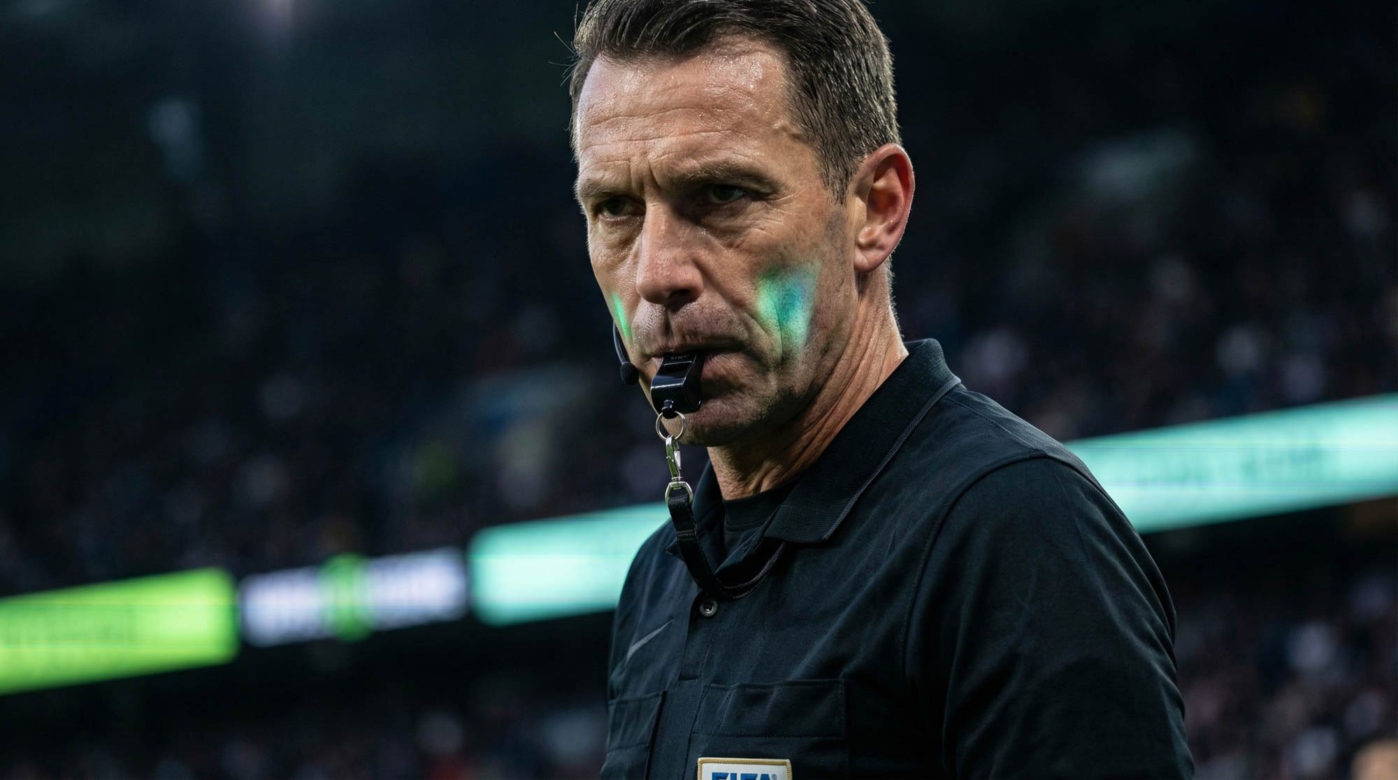 Referee with whistle in focus, stadium lights behind