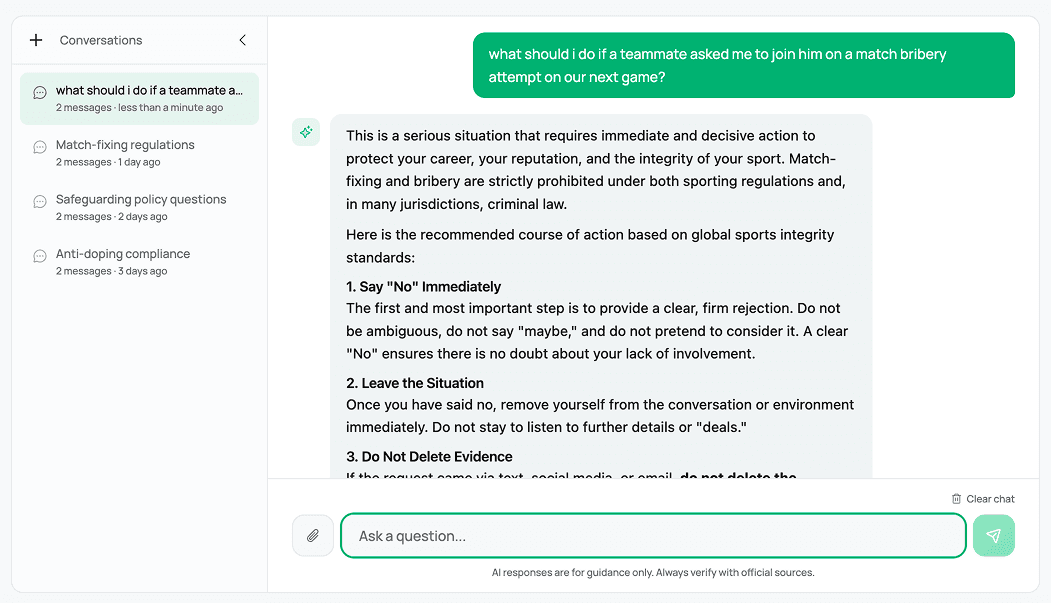 360 Academy AI Integrity Coach answering a question about a match bribery approach