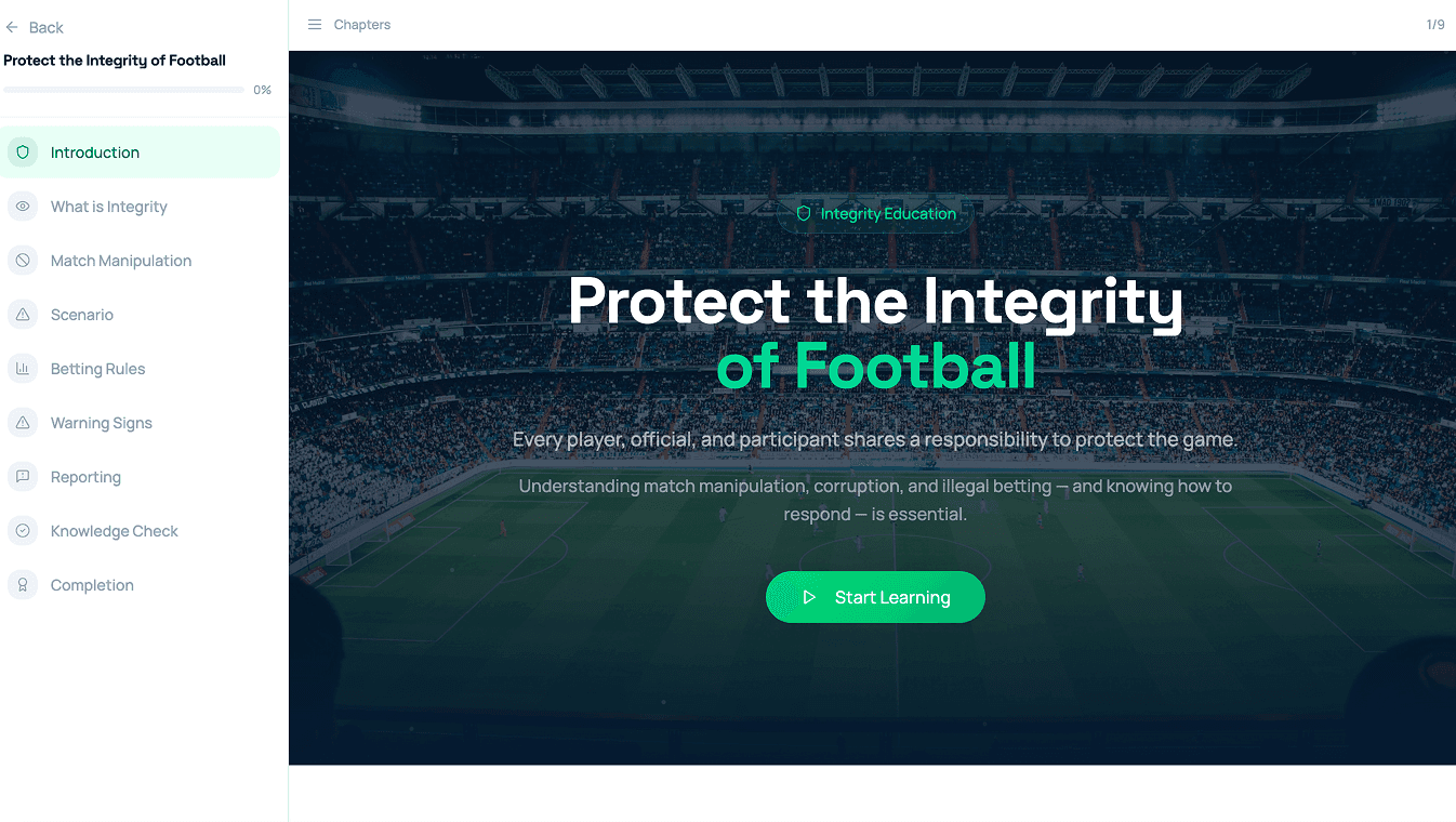 360 Academy course player: Protect the Integrity of Football, with its chapter list