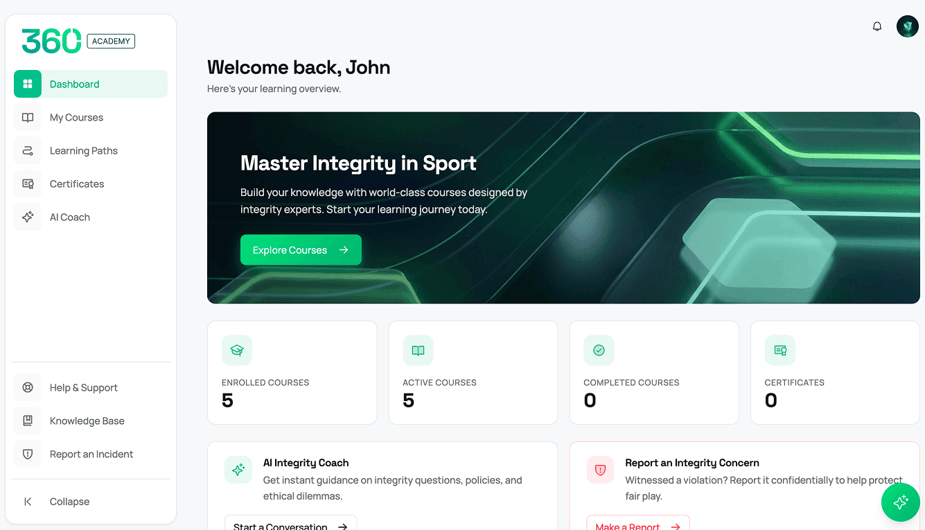 360 Academy learner dashboard with course progress and the AI Integrity Coach