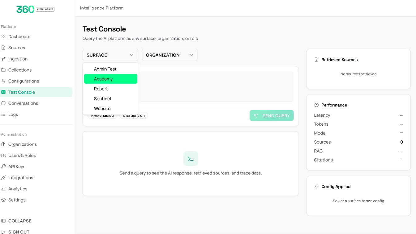 360 Intelligence test console for querying the AI by surface and organisation