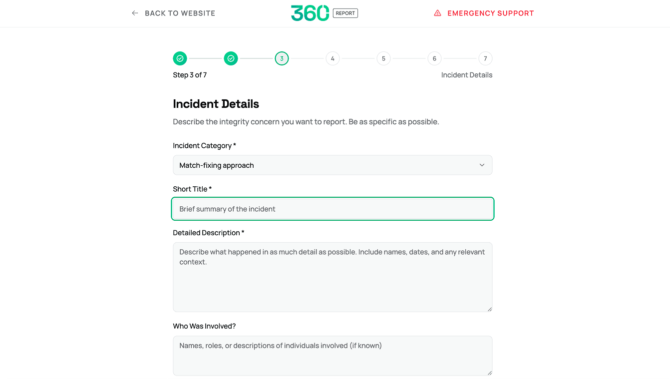 360 Report guided reporting wizard, step 3 of 7: incident details